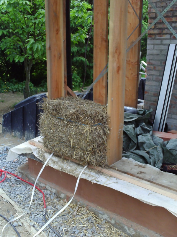Pose de la première botte de paille dans la structure, nous avons prévu des sangles pour prévenir le tassement éventuel